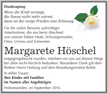 Traueranzeige von Margarete Höschel von Mitteldeutsche Zeitung Merseburg/Querfurt