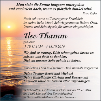 Traueranzeige von Itse Thamm von WVG - Wochenspiegel Dessau / Köthen