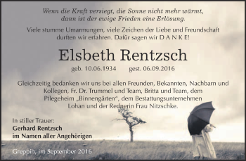 Traueranzeige von Elsbeth Rentzsch von WVG - Wochenspiegel Bitterfeld
