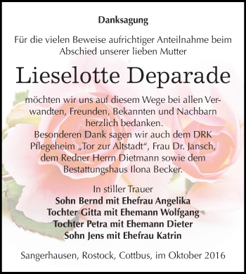 Traueranzeige von Lieselotte Deparade von Super Sonntag SGH Mansf. Land