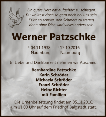 Traueranzeige von Werner Patzschke von WVG - Wochenspiegel NMB / WSF / ZTZ