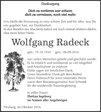 Traueranzeige von Wolfgang Radeck von WVG - Wochenspiegel NMB / WSF / ZTZ