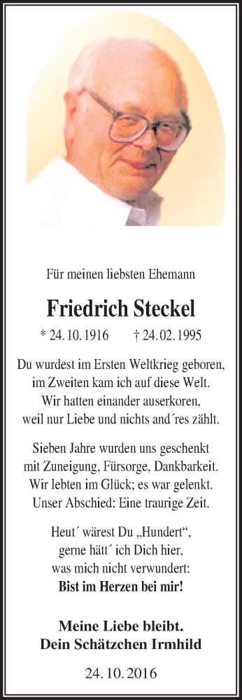  Traueranzeige für Friedrich Steckel vom 24.10.2016 aus Mitteldeutsche Zeitung Halle/Saalkreis