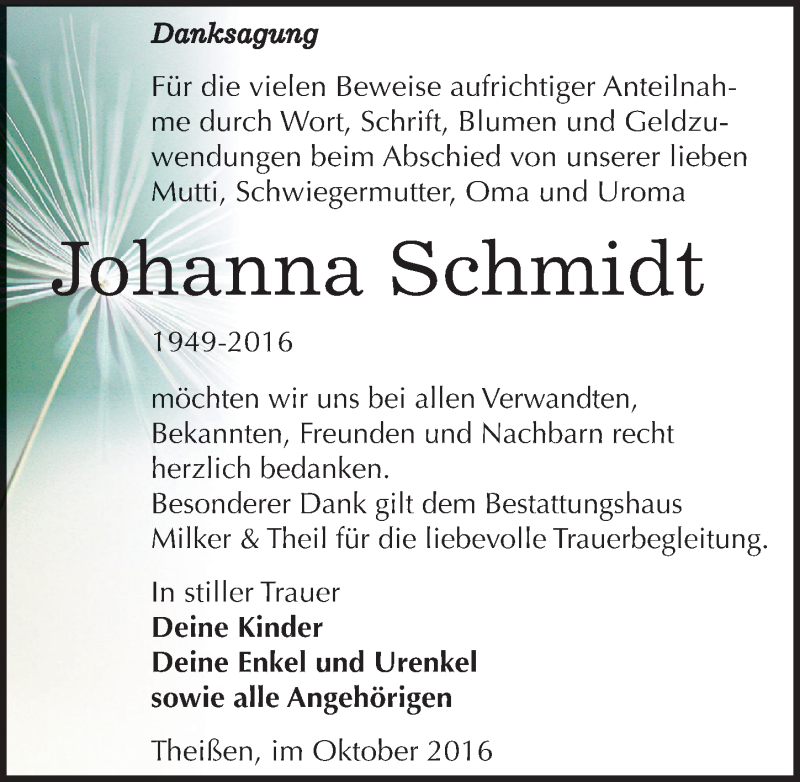  Traueranzeige für Johanna Schmidt vom 08.10.2016 aus Mitteldeutsche Zeitung Zeitz