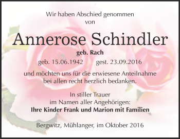 Traueranzeige von Annerose Schindler von WVG - Wochenspiegel Wittenberg