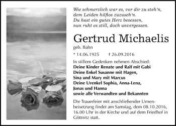 Traueranzeige von Gertrud Michaelis von Mitteldeutsche Zeitung Bitterfeld