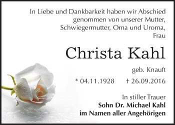 Traueranzeige von Christa Kahl von Mitteldeutsche Zeitung Bernburg