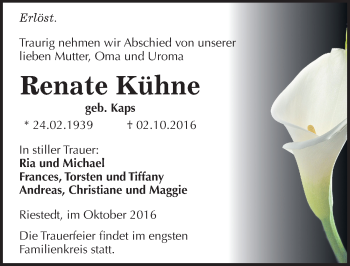 Traueranzeige von Renate Kühne von Mitteldeutsche Zeitung Sangerhausen