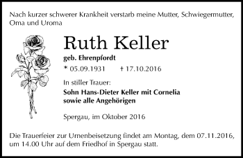Traueranzeige von Ruth Keller von Mitteldeutsche Zeitung Merseburg/Querfurt