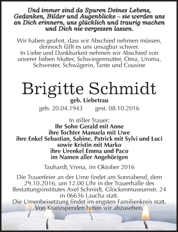Traueranzeige von Brigitte Schmidt von Mitteldeutsche Zeitung Naumburg/Nebra