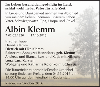 Traueranzeige von Albin Klemm von Mitteldeutsche Zeitung Quedlinburg
