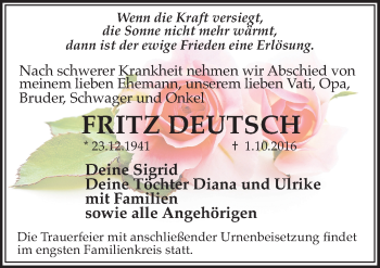 Traueranzeige von Fritz Deutsch von Mitteldeutsche Zeitung Halle/Saalkreis