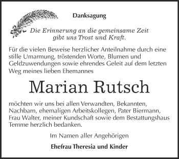 Traueranzeige von Marian Rutsch von WVG - Wochenspiegel Bitterfeld