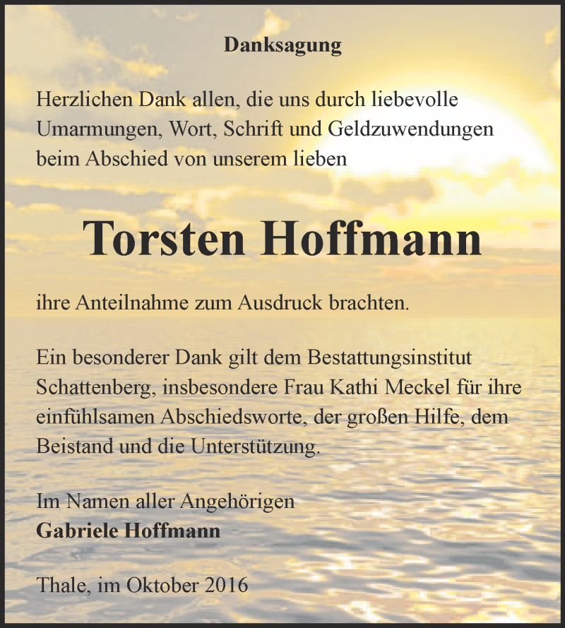  Traueranzeige für Torsten Hoffmann vom 08.10.2016 aus Super Sonntag Quedlinburg