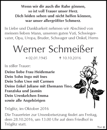 Traueranzeige von Werner Schmeißer von Super Sonntag Zeitz
