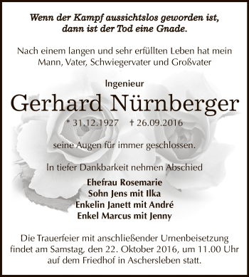 Traueranzeige von Gerhard Nürnberger von Super Sonntag Aschersleben
