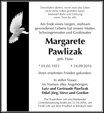 Traueranzeige von Margarete Pawlizak von Mitteldeutsche Zeitung Dessau-Roßlau