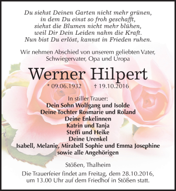 Traueranzeige von Werner Hilpert von Mitteldeutsche Zeitung Naumburg/Nebra