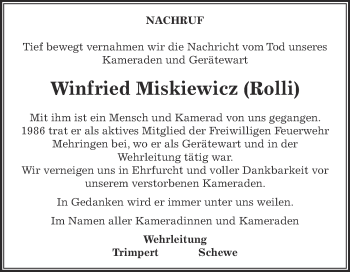 Traueranzeige von Winfried Miskiewicz von Super Sonntag Aschersleben