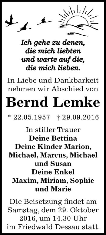 Traueranzeige von Bernd Lemke von Mitteldeutsche Zeitung Dessau-Roßlau