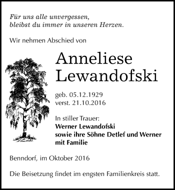 Traueranzeige von Anneliese Lewandofski von Mitteldeutsche Zeitung Mansfelder Land