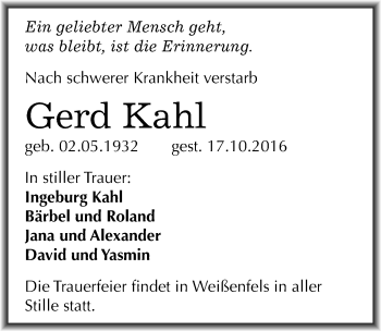 Traueranzeige von Gerd Kahl von Mitteldeutsche Zeitung Weißenfels
