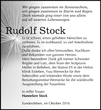 Traueranzeige von Rudolf Stock von Mitteldeutsche Zeitung Mansfelder Land