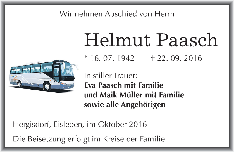  Traueranzeige für Helmut Paasch vom 08.10.2016 aus Mitteldeutsche Zeitung Mansfelder Land
