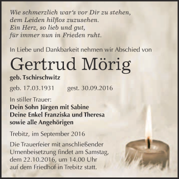 Traueranzeige von Gertrud Mörig von WVG - Wochenspiegel Wittenberg