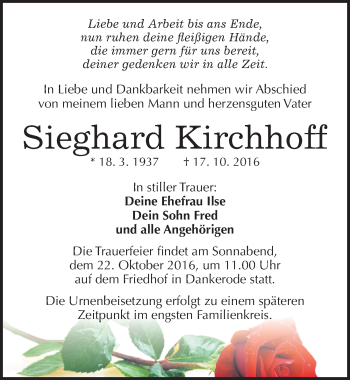 Traueranzeige von Sieghard Kirchhoff von Mitteldeutsche Zeitung Quedlinburg
