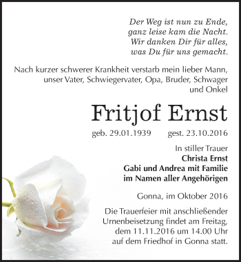 Traueranzeige von Fritjof Ernst von Mitteldeutsche Zeitung Sangerhausen