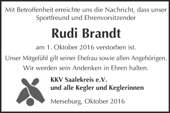 Traueranzeige von Rudi Brandt von Super Sonntag Merseburg