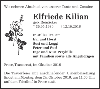 Traueranzeige von Elfriede Kilian von Super Sonntag Aschersleben