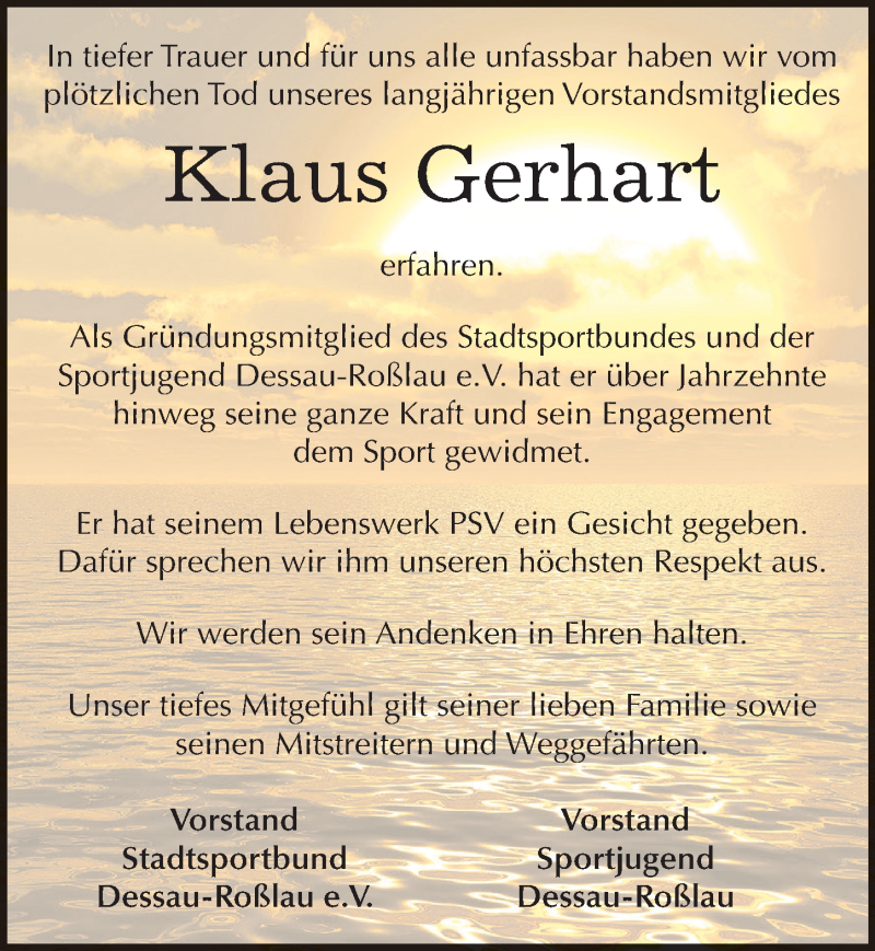  Traueranzeige für Klaus Gerhart vom 21.10.2016 aus Mitteldeutsche Zeitung Dessau-Roßlau