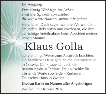 Traueranzeige von Klaus Golla von WVG - Wochenspiegel Bitterfeld