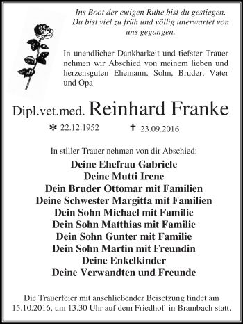 Traueranzeige von Reinhard Franke von WVG - Wochenspiegel Dessau / Köthen