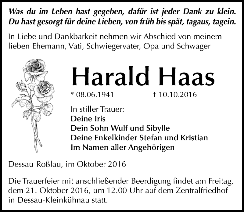  Traueranzeige für Harald Haas vom 15.10.2016 aus Mitteldeutsche Zeitung Dessau-Roßlau