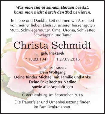 Traueranzeige von Christa Schmidt von Mitteldeutsche Zeitung Köthen
