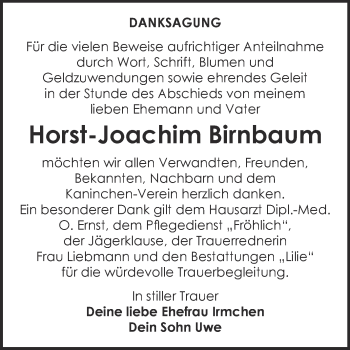 Traueranzeige von Horst-Joachim Birnbaum von WVG - Wochenspiegel Dessau / Köthen