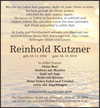 Traueranzeige von Reinhold Kutzner von Mitteldeutsche Zeitung Sangerhausen