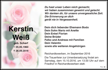 Traueranzeige von Kerstin Weiß von WVG - Wochenspiegel NMB / WSF / ZTZ