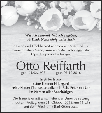 Traueranzeige von Otto Reiffarth von WVG - Wochenspiegel NMB / WSF / ZTZ