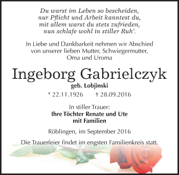 Traueranzeige von Ingeborg Gabrielczyk von Mitteldeutsche Zeitung Mansfelder Land