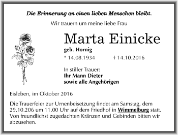 Traueranzeige von Marta Einicke von Mitteldeutsche Zeitung Mansfelder Land