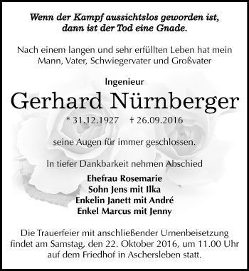 Traueranzeige von Gerhard Nürnberger von Mitteldeutsche Zeitung Sangerhausen