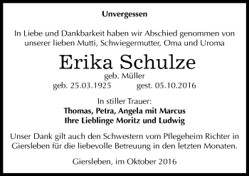 Traueranzeige von Erika Schulze von Mitteldeutsche Zeitung Aschersleben