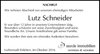 Traueranzeige von Lutz Schneider von Mitteldeutsche Zeitung Mansfelder Land