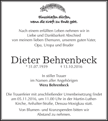 Traueranzeige von Dieter Behrenbeck von WVG - Wochenspiegel Dessau / Köthen