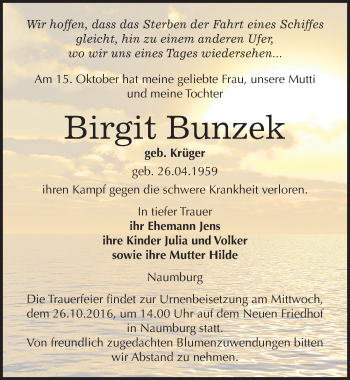 Traueranzeige von Birgit Bunzek von Mitteldeutsche Zeitung Naumburg/Nebra