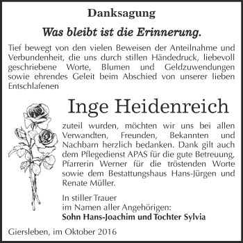 Traueranzeige von Inge Heidenreich von Super Sonntag Aschersleben